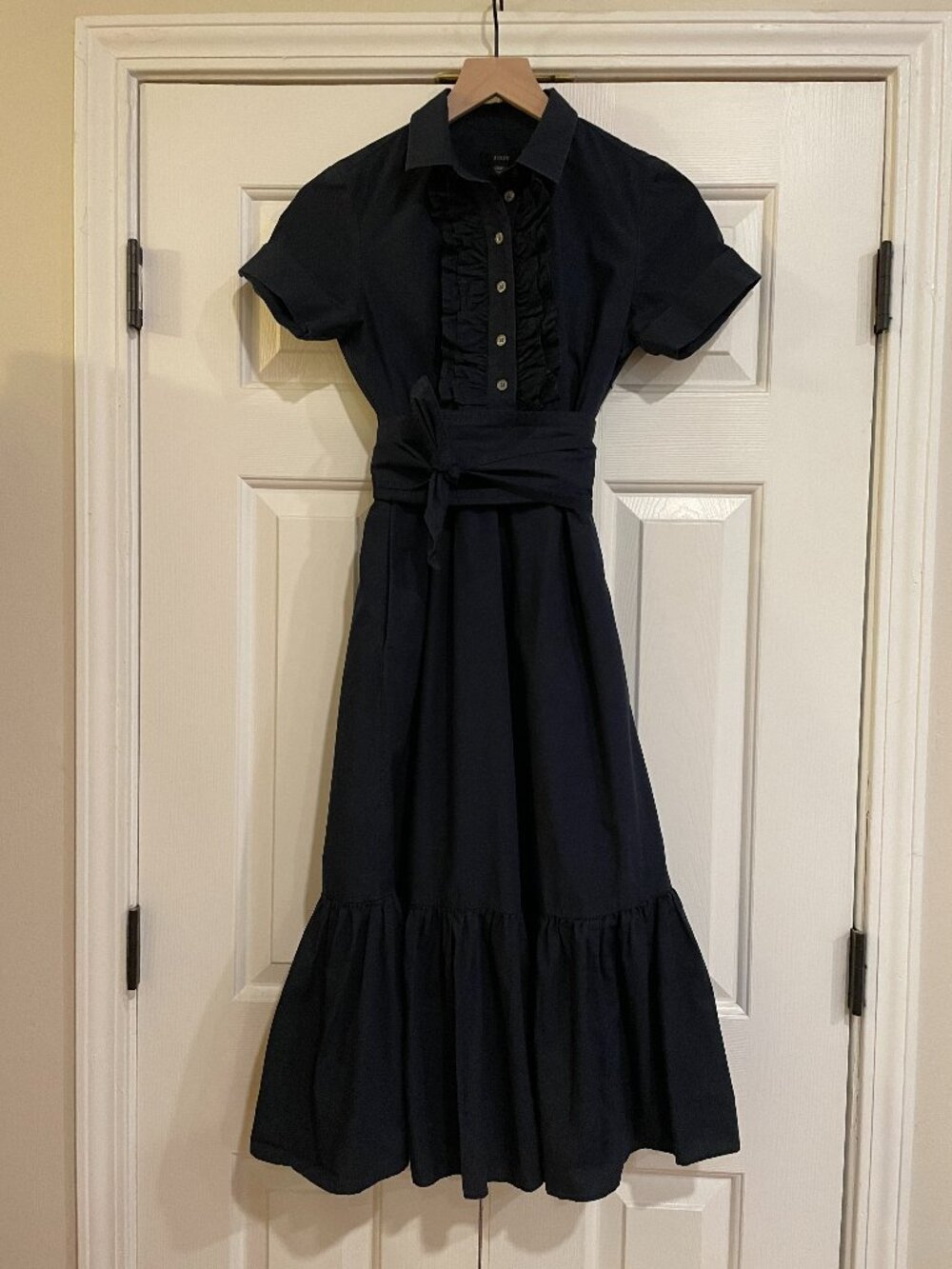J. Crew Navy Blue Ruffle Front Cotton Poplin Midi Dress Tie Waist Size 00P